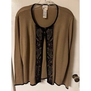 Vntg Koret Tan With Black Trim Paisley Embroidered Open Cardigan Size Large